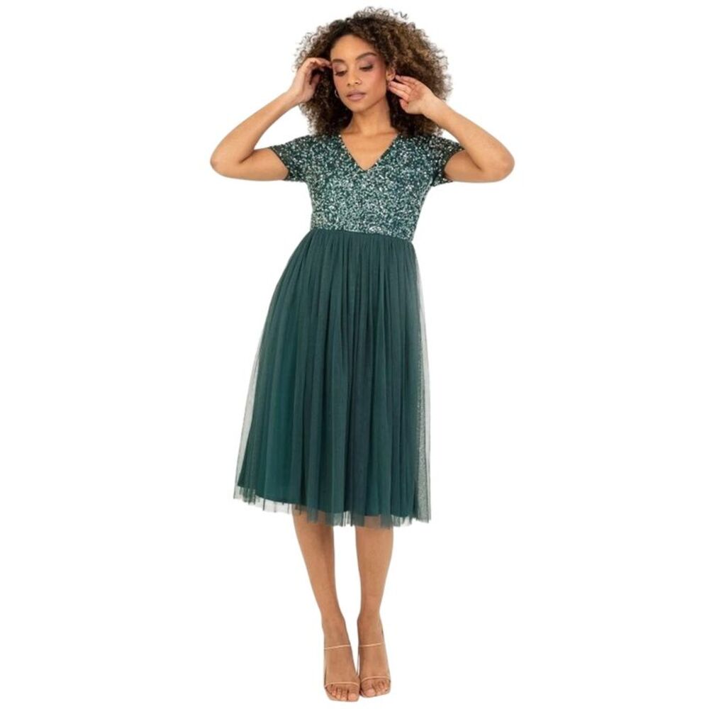 Maya Deluxe Womens/Ladies Sequin Midi Dress / Emerald